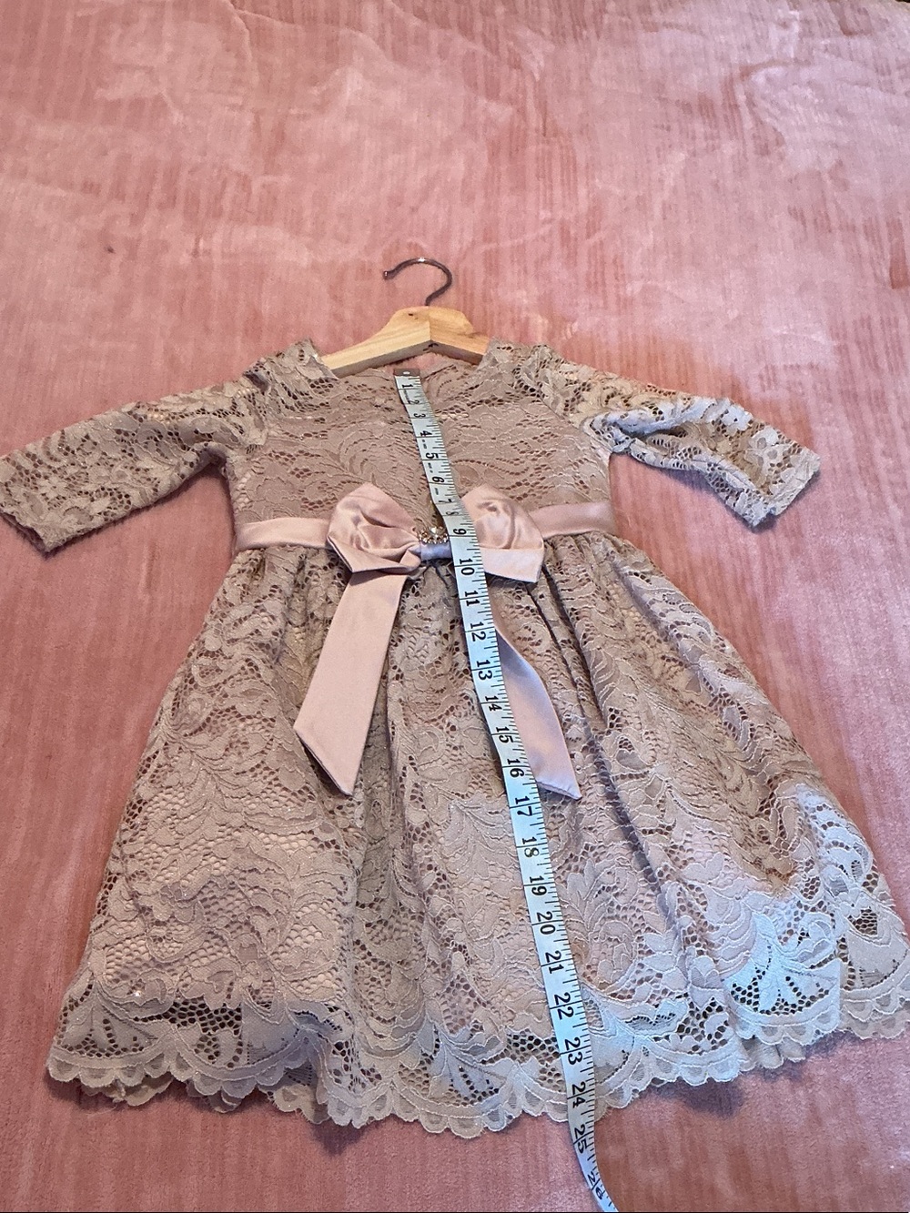 Rare Editions Taupe Lace Dress with Satin Bow